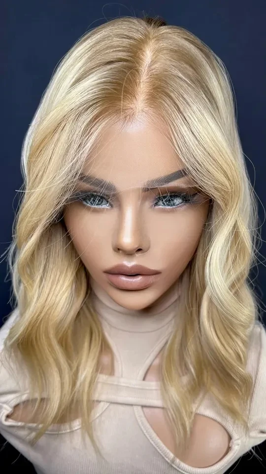613# Blonde Light Brown Root High Density Double Drawn Wigs Bob Cut Shoulder Length Remy Virgin Hair Small Size Glueless Wig