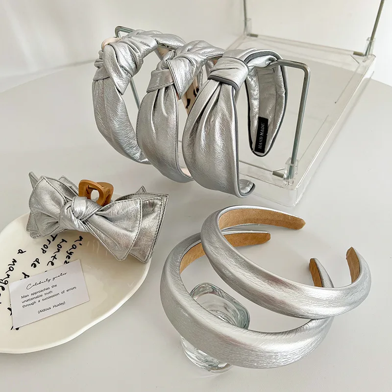 newest design women headband trendy padded sponge headband fashion silver knot leather headband Hair Accessories for girls