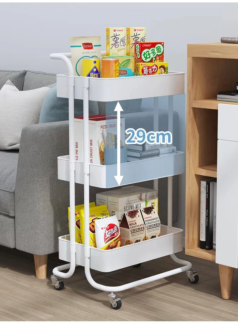 3-Tier Plastic Rolling Utility Cart with Handle Multi Functional Storage Trolley for Office Living Room Kitchen Movable Organize