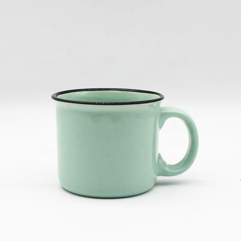 Eco-friendly solid color glaze ceramic mug with enamel design camping bulk coffee mug tea drinking cup