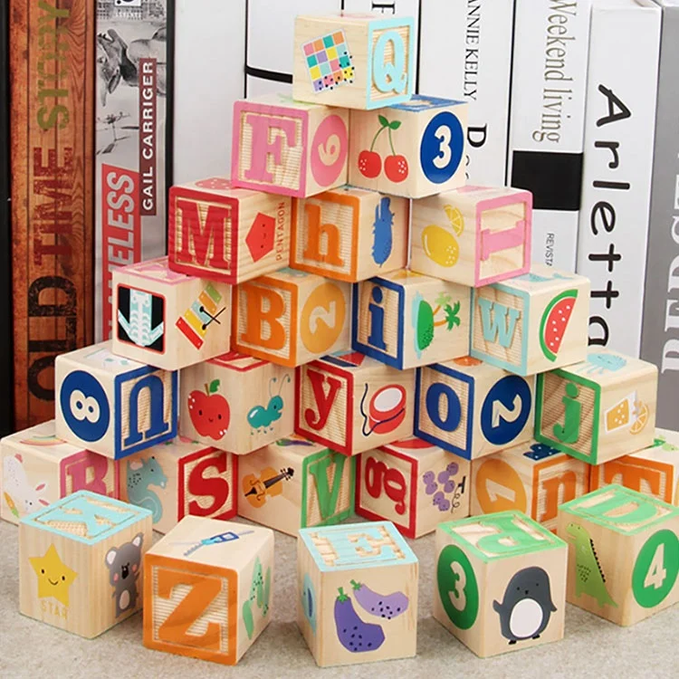 Custom Kids Early Learning Montessori Alphabet Letters Digital Wooden ABC Cube Blocks Educational Toys