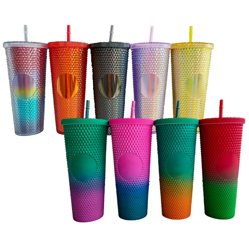 2024 NEW Hot DIY 16oz 24oz Cold Coffee Mug Double Wall Plastic Iridescent Matte Studded Cups Tumbler with Straw Lid