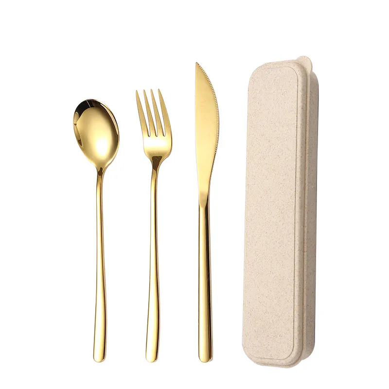 Reusable metal korea spoons forks knives gold cutlery sets 18/10 stainless steel flatware set