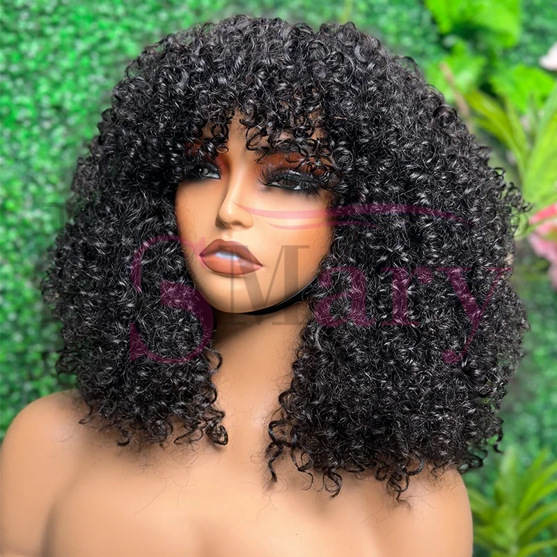 Cheap SDD super double drawn 100% human hair vendors afro kinky curl 300% density short fringe wigs with for black women