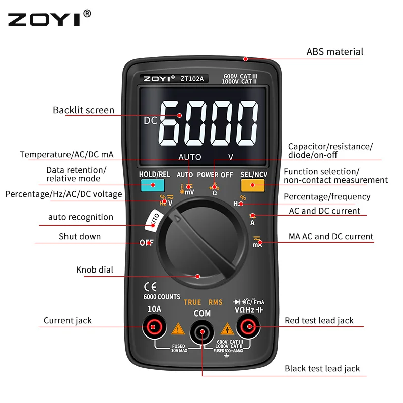 Цифровой мультиметр ZT-98/100/101/102/102A автонастройка 6000 переменного/постоянного тока AC/постоянного Амперметр Вольтметр Ом Гц Ture RMS тестер портативный