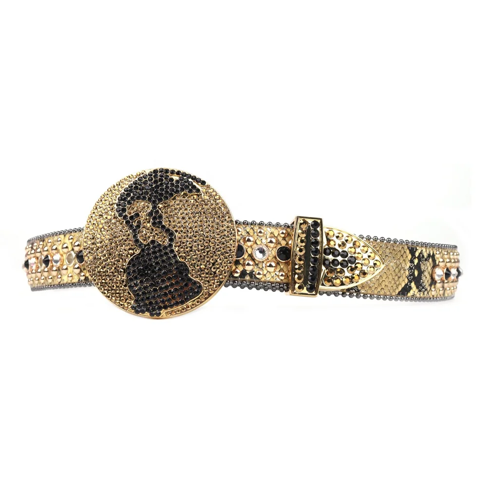Latest Style Western Big World Round Buckle Gold Bling Bling Rhinestone Belt Men Women Fancy Studded Leather Belts