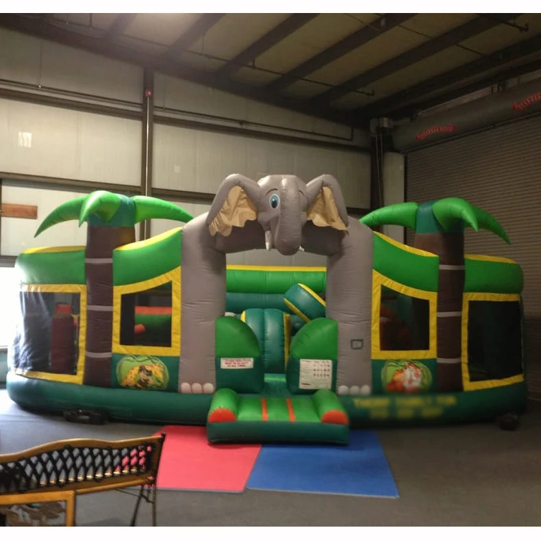 Elephant commercial inflatable obstacle course bounce house for kids Jungle bouncy castle with slide outdoor jumpers inflatable