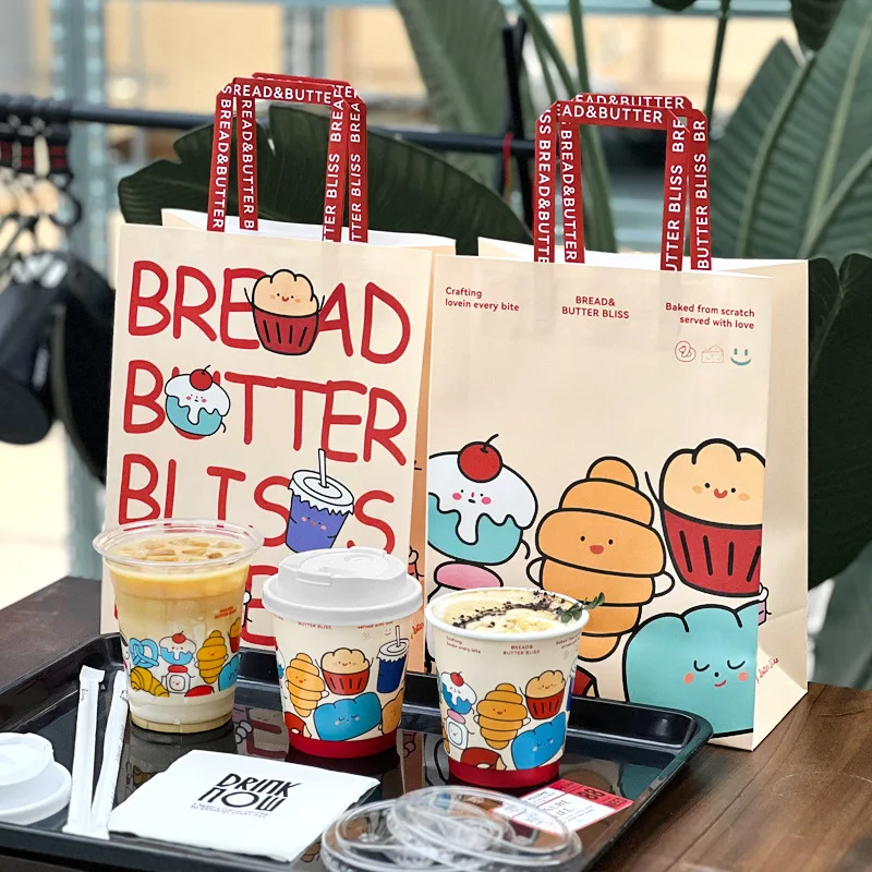 Kraft paper to go take out bag coffee bubble milk tea food cafe restaurant bakery takeaway packaging bag clothing custom logo