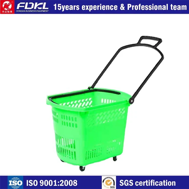 Large capacity perforated basket with castor trolley supermarket plastic cart collapsible shopping for shop