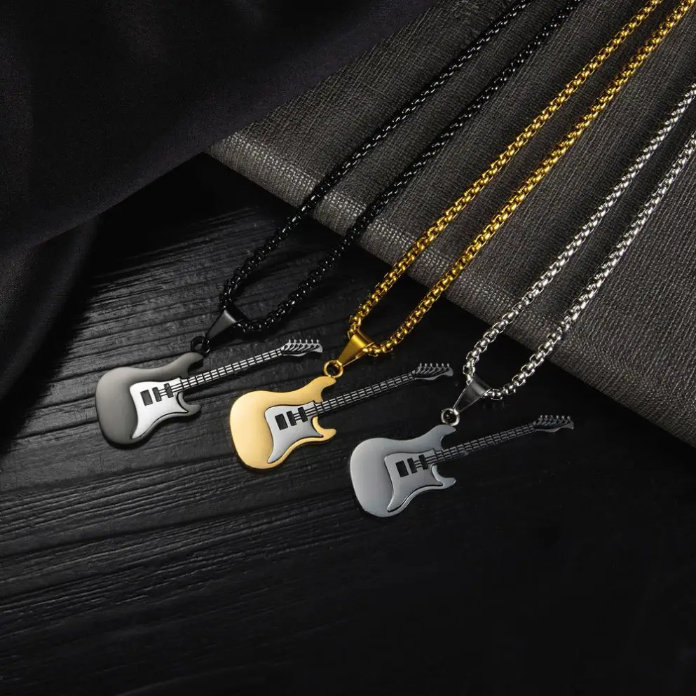 Hip Hop Stainless Steel Guitar Pendant Trendy Necklace Personality Popular Street Classic Men Jewelry