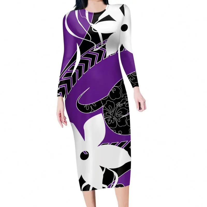 2021 Custom Hawaiian Lily Flower Hibiscus Purple Pattern Sexy Dress Women Long Sleeve O Neck Knee-length Elegant Summer Casual