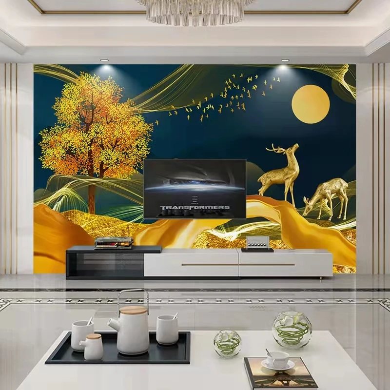 3d TV background wall decoration wall cloth, living room decoration painting elk lucky waterproof wall fabric