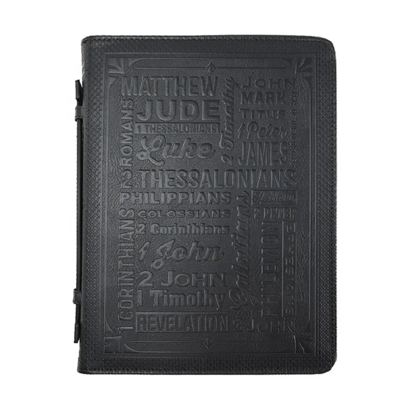 High Quality Pu Leather Personalized Fully Embossed Custom Bible Cover Black Minimalist Bible Cover With Zipper