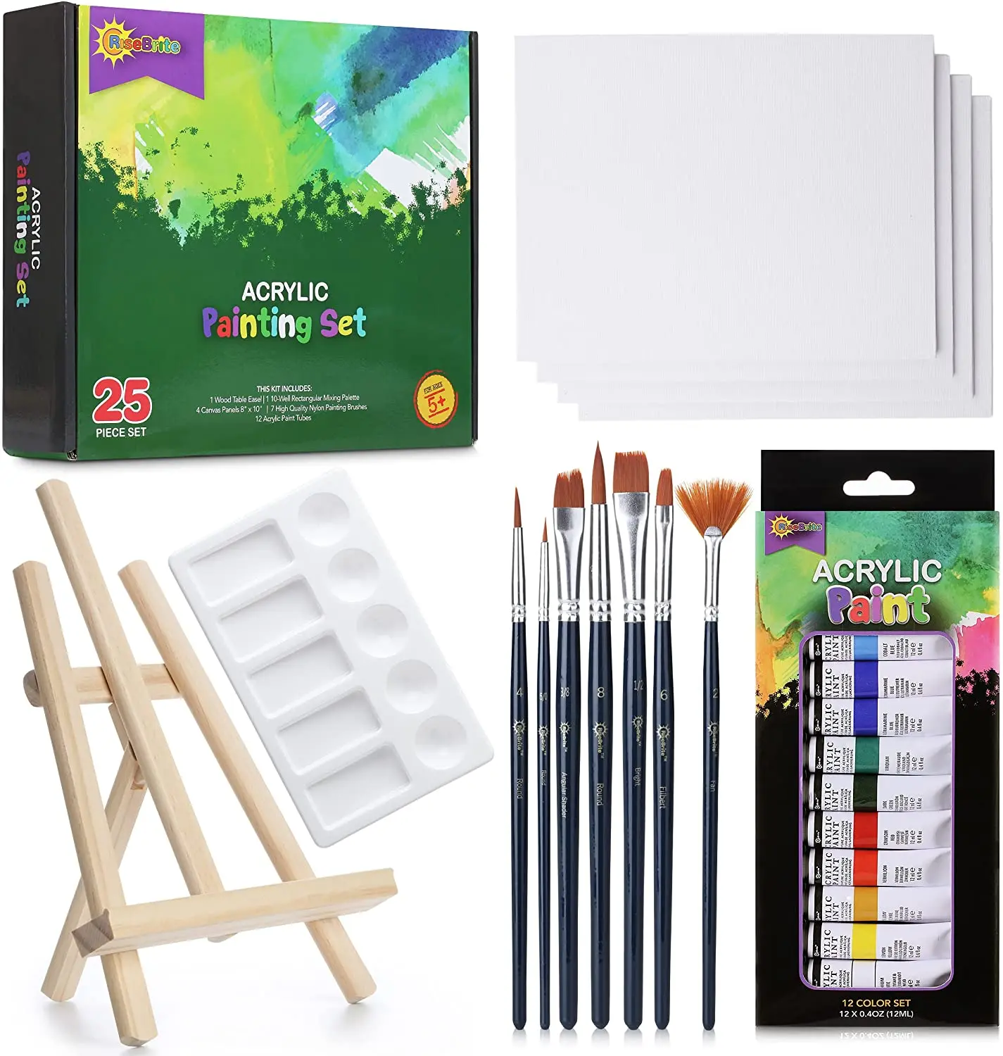 Acrylic Paint Set with Canvas 25Pcs Painting Kit Includes Mini Easel, Premium Painting Supplies, Brushes, Art Canvases and Mo