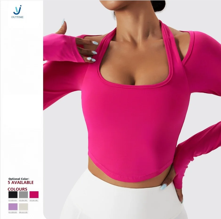 YJ Outtime Breathable Long Sleeve Yoga Wear Hang Neck Quick Dry Fitness Wear Training Running Sports Tops Women