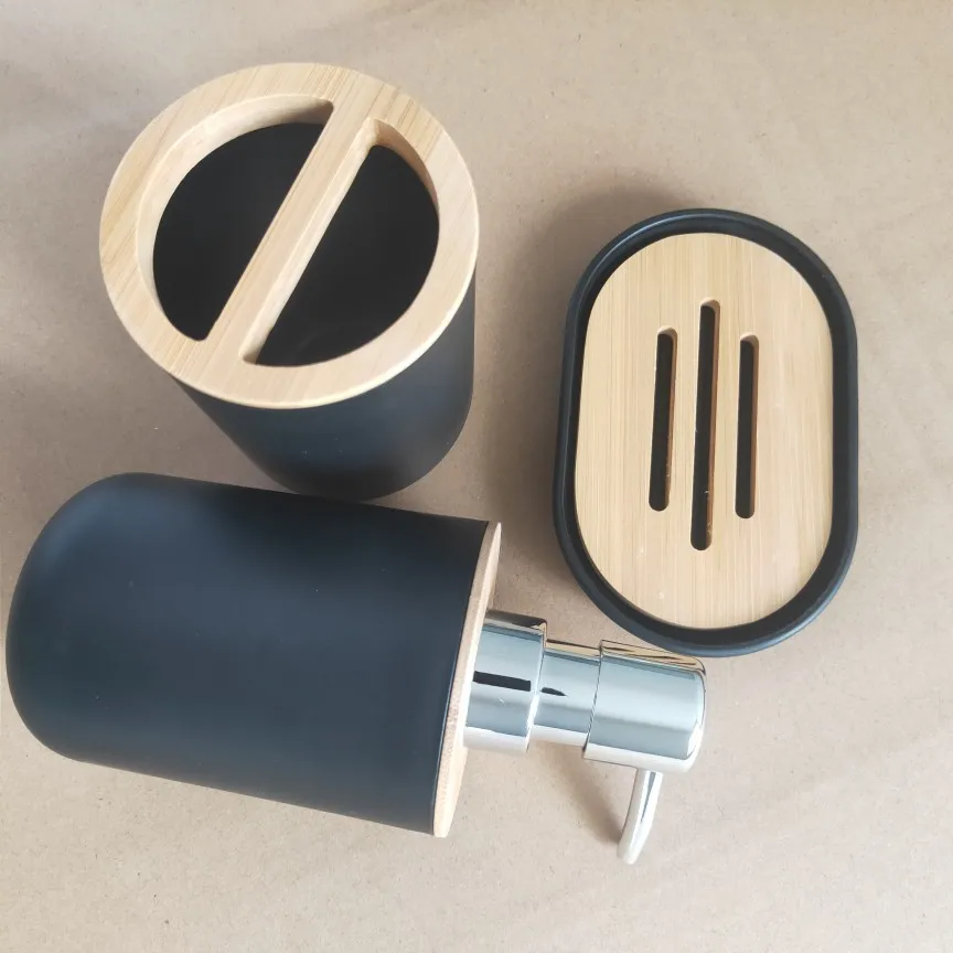 Soap Lotion Dispenser Bathroom Accessories Set Resin and Wood Soap Dish Toothbrush Holder Tumbler Pump Bottle Cup Black or White