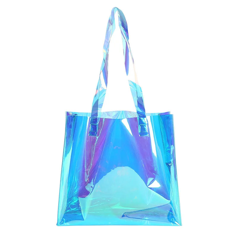 Custom Logo Holographic Laser Iridescent Square PU leather handle PVC Gift Shopping Tote Bag