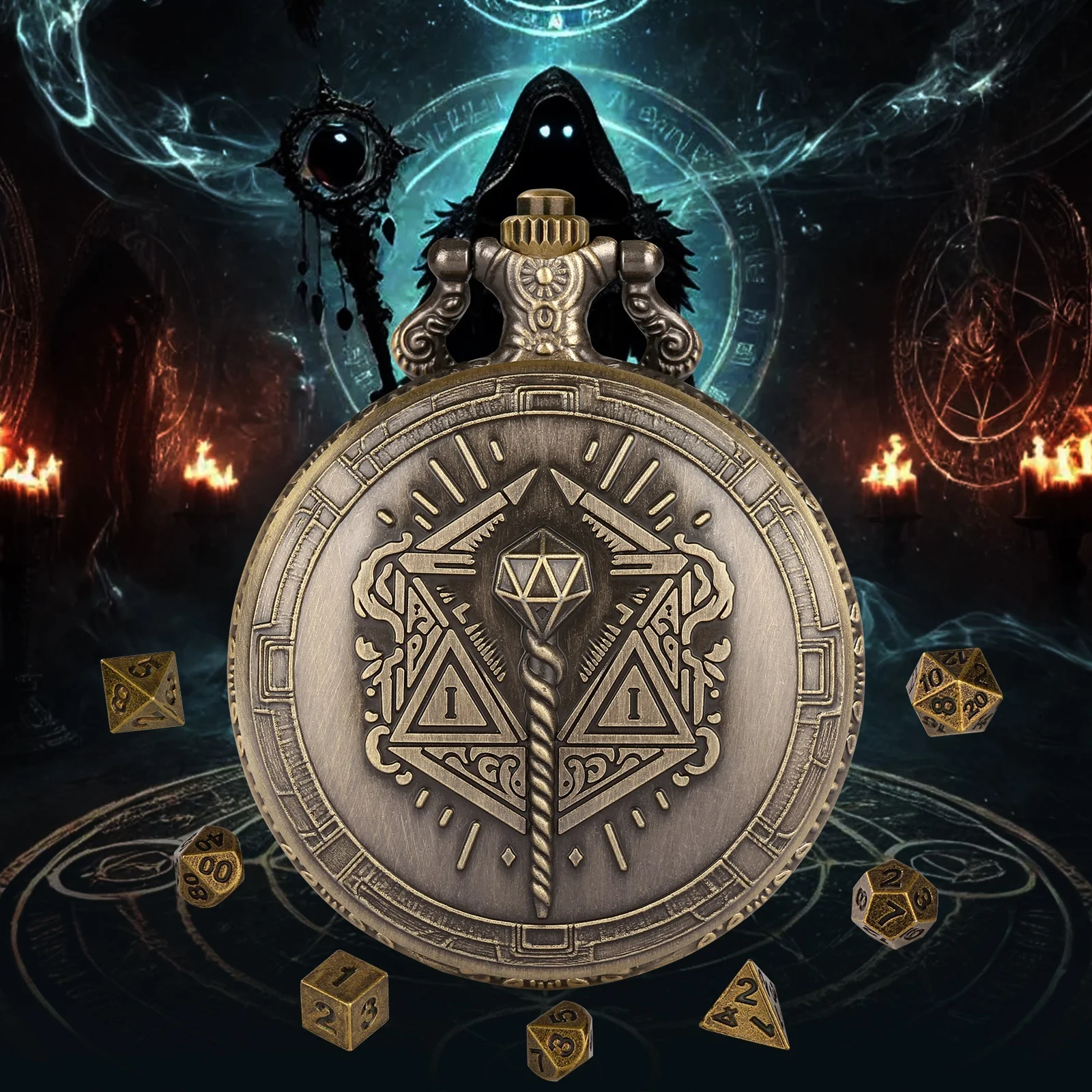 Magician Magic Staff Mysterious Theme Pocket Watch Dice Vintage Portable Cool Metal Dice Box