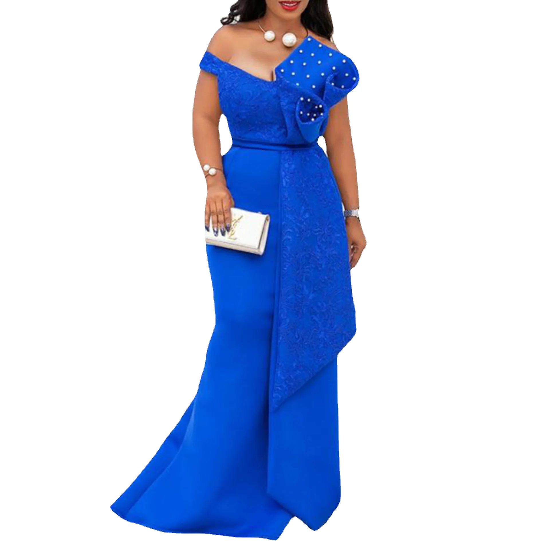 W76098 New Arrival Lace Slash Neck composite Front Handmade Ruffle Nail Beaded Luxury Evening Dresses Party Dress