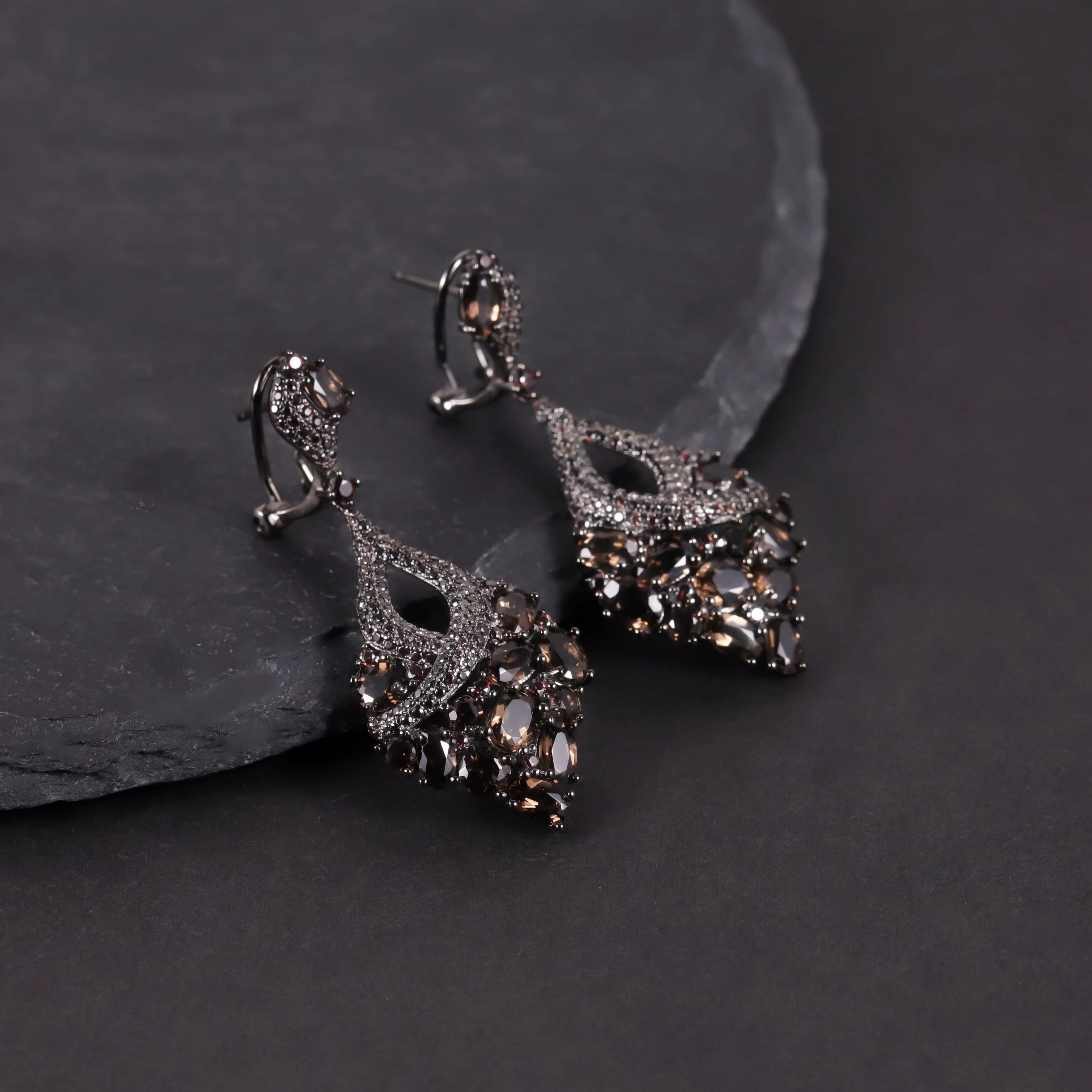 W0453 Excellent Finishing Jewelry Factory Low Cost Dark Color Black Gun Plated 925 Silver Natural Smoky Quartz Jewelry Sets