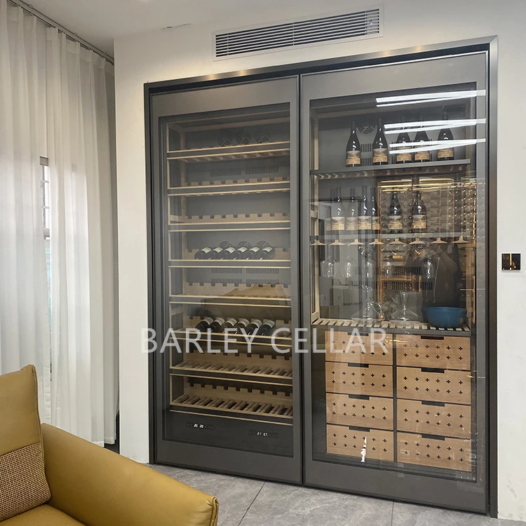 BARLEY cellar custom automatic door  luxury wine cellar with Spain cedar wood shelves and drawers