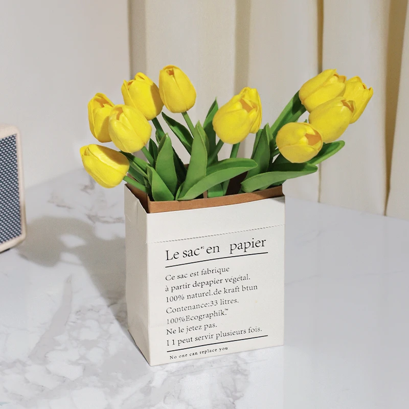 Wholesale High Quality Real Touch Artificial Silk Flowers 10 Heads Tulips With Paper Bag