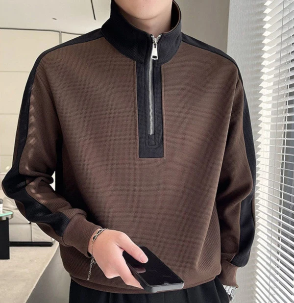 Fall color patchwork half-zip stand-up collar waffle fabric sweatshirt for men