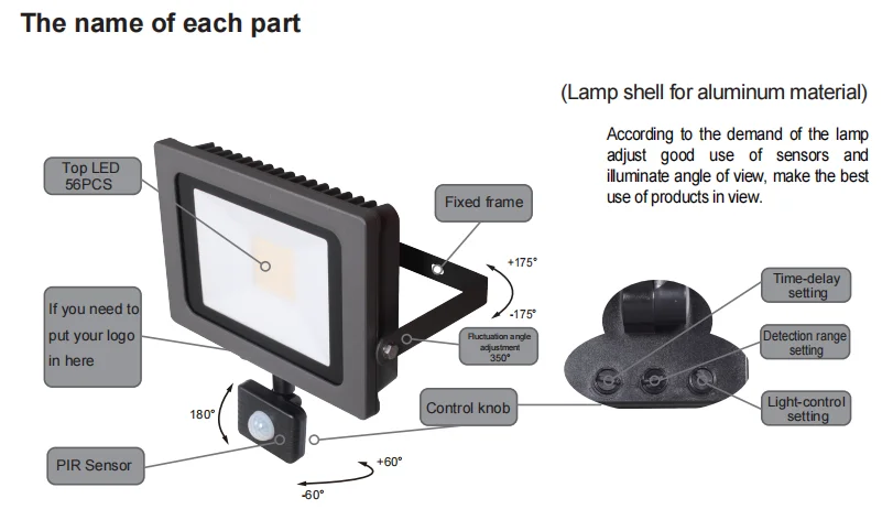 Pdlux PDF-50W IP65 30W 50W LED Outdoor PIR Motion Sensor Flood Light for Garage Car Park Construction Site