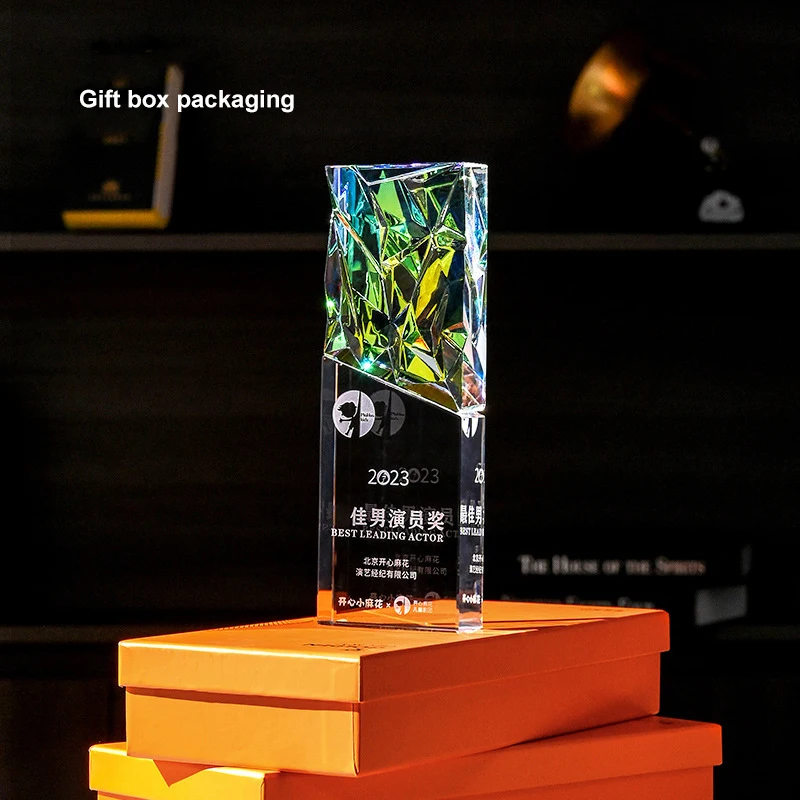 Custom Shape Blank Logo Print Sport Corporate Award Rainbow K9 Crystal Glass Plaque Trophy With Clear Blue Black Base