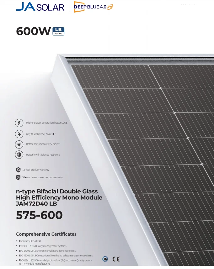 JA N Type Bifacial Double Glass Solar Panels 144pcs Half Cell 570w 580w 590w 600w 625w