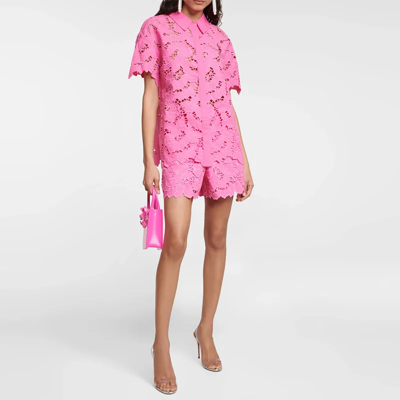 neon pink color brights femme woven floral lace blouses elegant women