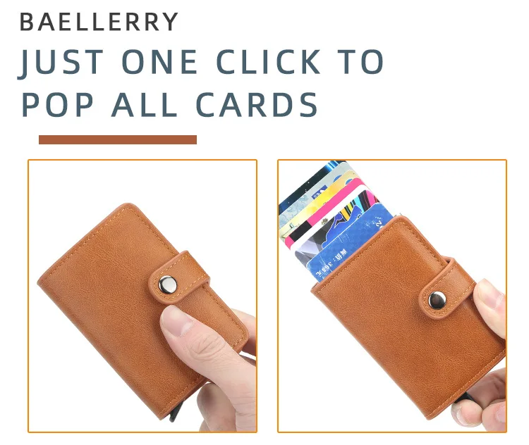 RFID Blocking Function PU Leather Credit Card Holder Automatic Pop Up Aluminium ID Card Holder Wallet for men