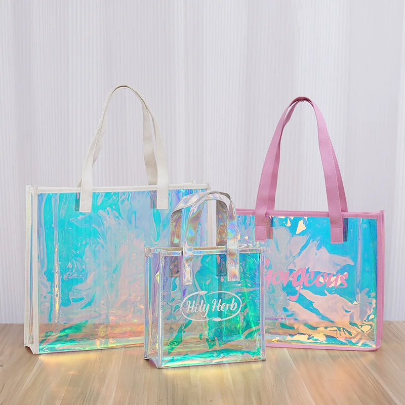 Custom logo Transparent Beach TPU Gift Bag Vinyl Packaging Plastic Clear PVC Tote Bag Transparent Plastic Hand Shopping Bag