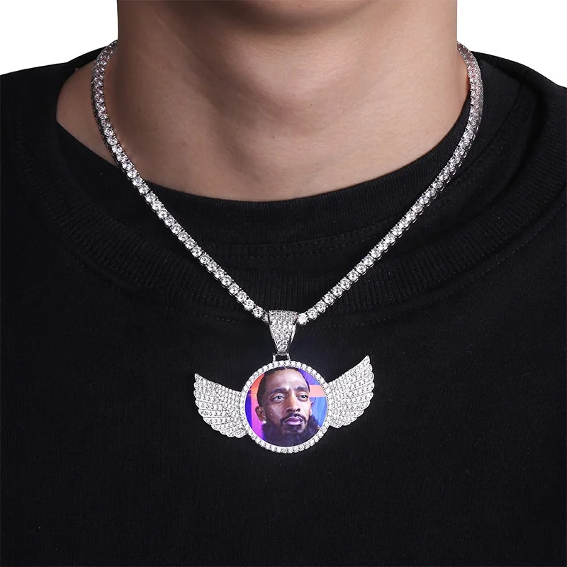 New Custom Made Photo Angel Wings Charms Pictures Pendants Gold Silver Color Bling Iced Out Cubic Zirconia Women Hip hop Jewelry