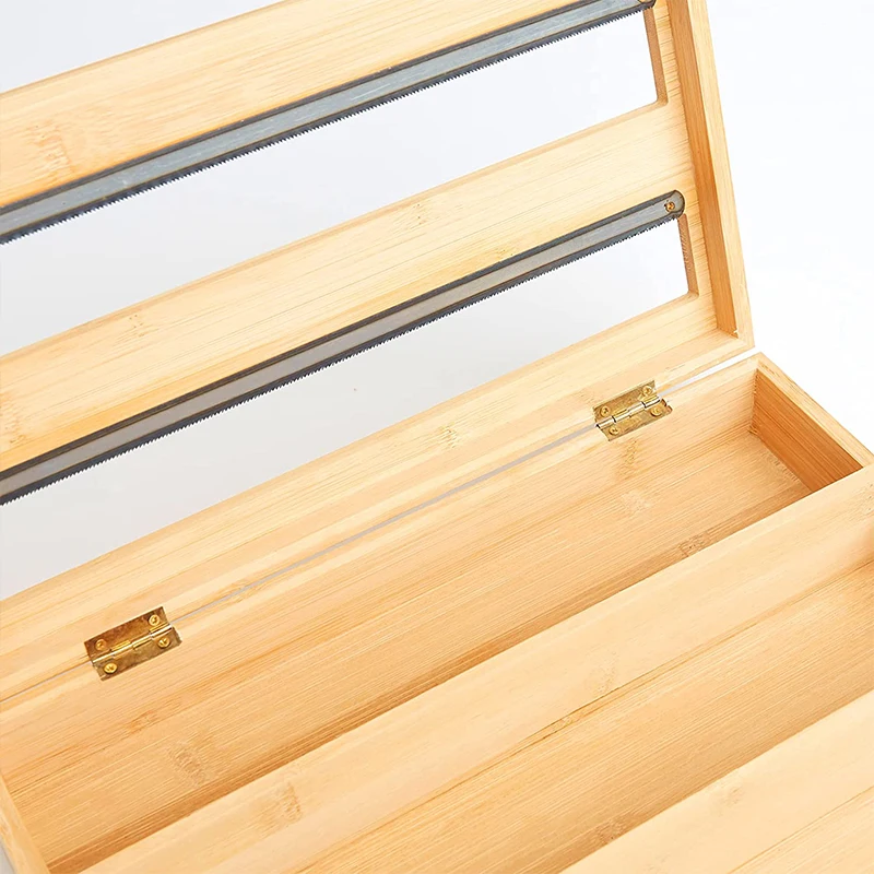 3 in 1 cling film Wrap Dispenser with Cutter Bamboo Foil Wax Paper Organizer and Dispenser for Kitchen Drawer