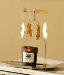 Elegant Feather Shape Spinning Candle Holder Golden with Metal Tray Home Decoration Alloy OTC Pillar Holder 200g 17.8*18.5cm
