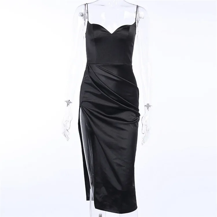 Spaghetti Strap Black Women Dresses Party Wear Satin Sexy Split Maxi Dress Summer Dresses Women