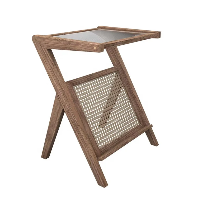 Solid Wood Frame Glass Top and Rattan Side Table with Magazine Rack