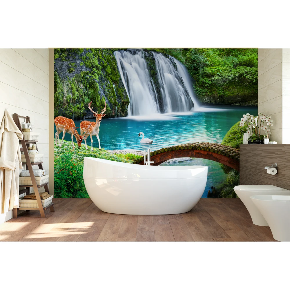Custom Photo Landscape Natural Waterfall Landscape Deer Wallpaper For Bedroom Walls