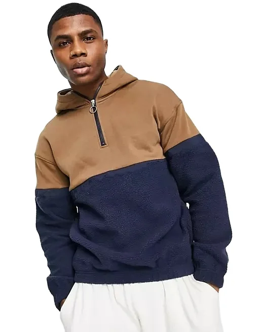 2022 new design fixed hood quarter zip fastening drop shoulder fleece hoodies 100% polyester long sleeve colorblock pullover