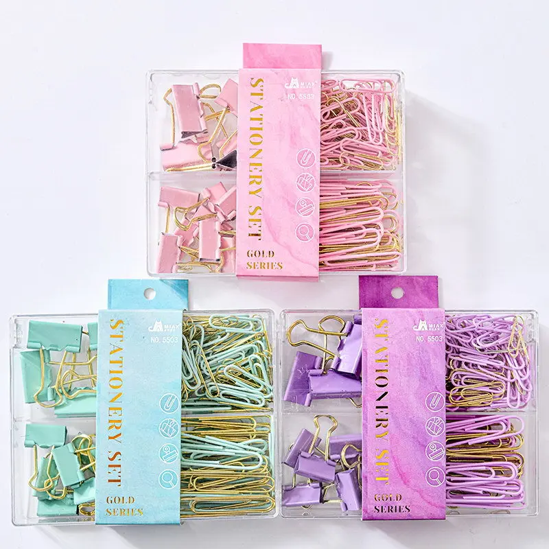 Wholesale Color Paper Clip Stationery Set Customized Box Logo Packing School Office Plastic Color Binder Clips