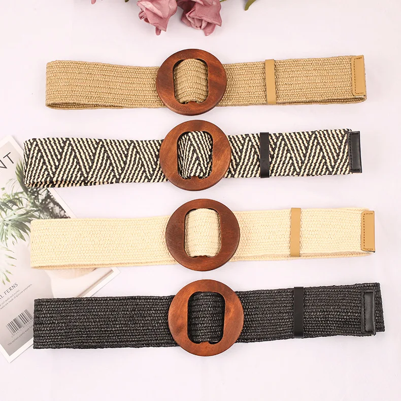 Security Checks Simple Pp Grass Bohemian Belt Wooden Buckle Ladies Belts Women Elastic Waist Belts