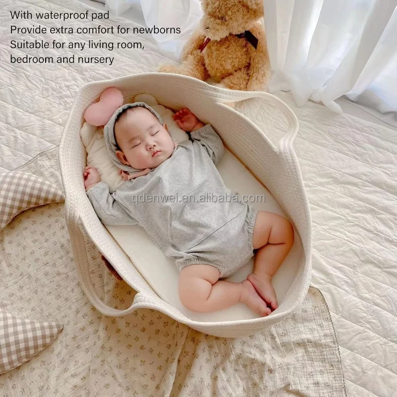 Cotton Rope Moses Basket Baby Diaper Changing Table Newborn Bassinet Crochet basket Thick Foam Pad with Removable Cover