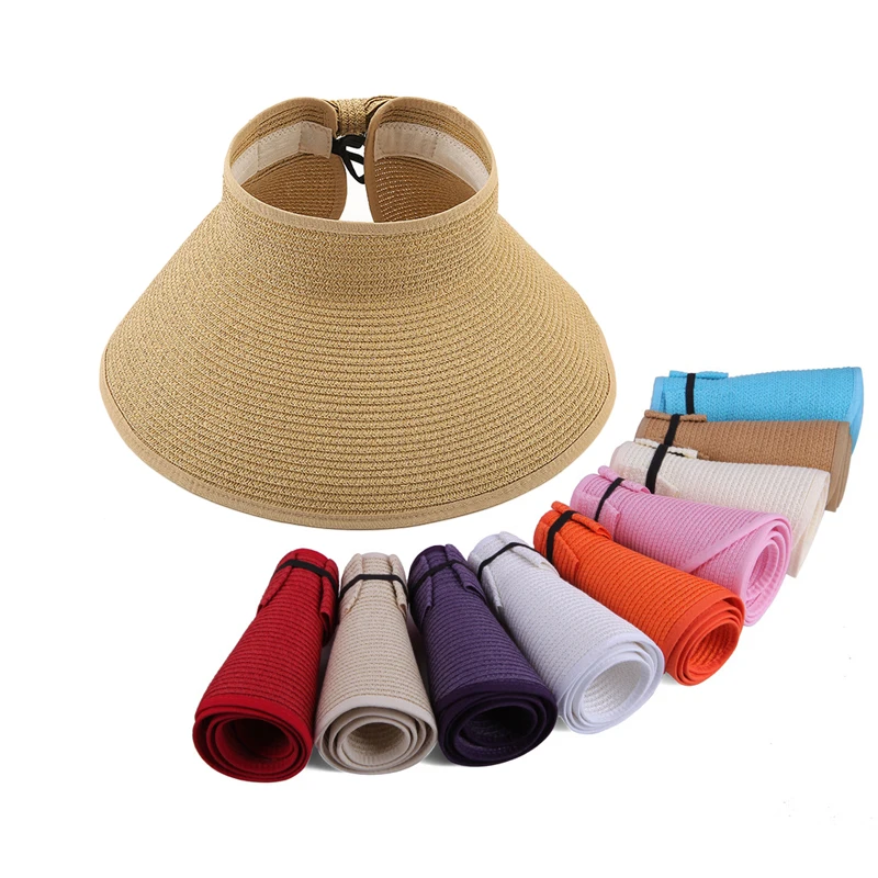 Women UV Protection Airtop Visor Cap Foldable Straw Hats Portable Paper Straw Visor Hat Sun Beach Wide Brim Hat
