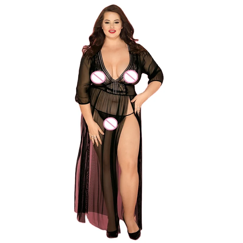 Plus size sexy slit gown half sleeve transparent t-back long dress