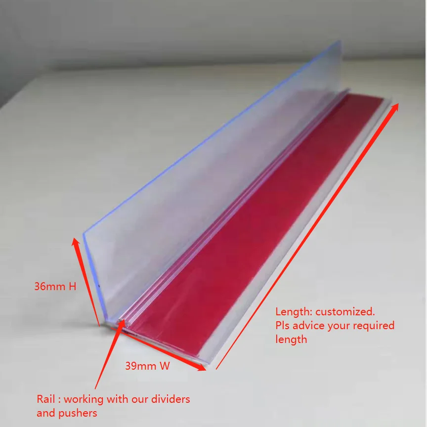 Meethope pusher system pvc supermarket shelf dividers  L shape Stopper with T rail self adhesive plastic label holder strip
