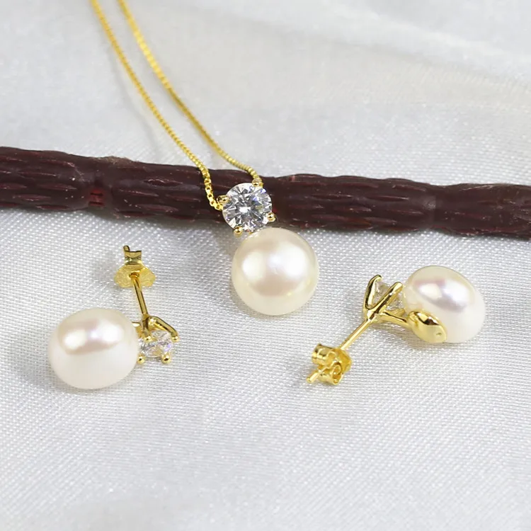 fashion natural freshwater pearl real pearl jewellery set fresh water cultured pearl jewelry set 925 silver