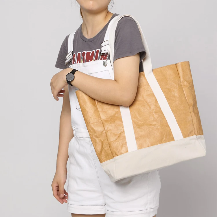 custom logo canvas handle kraft paper tote women shoulder shopping bag large contrasting color stitching tyvek kraft tote