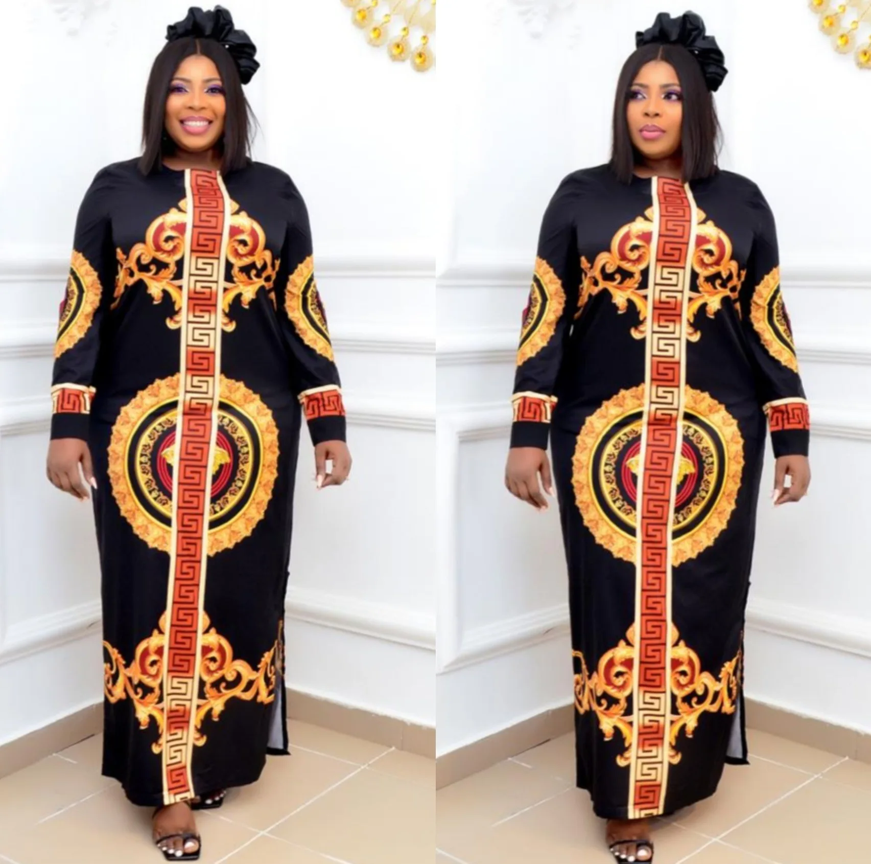 Women Elegant Vintage Maxi Dress Casual Printing Fashion Long Maxi Dress