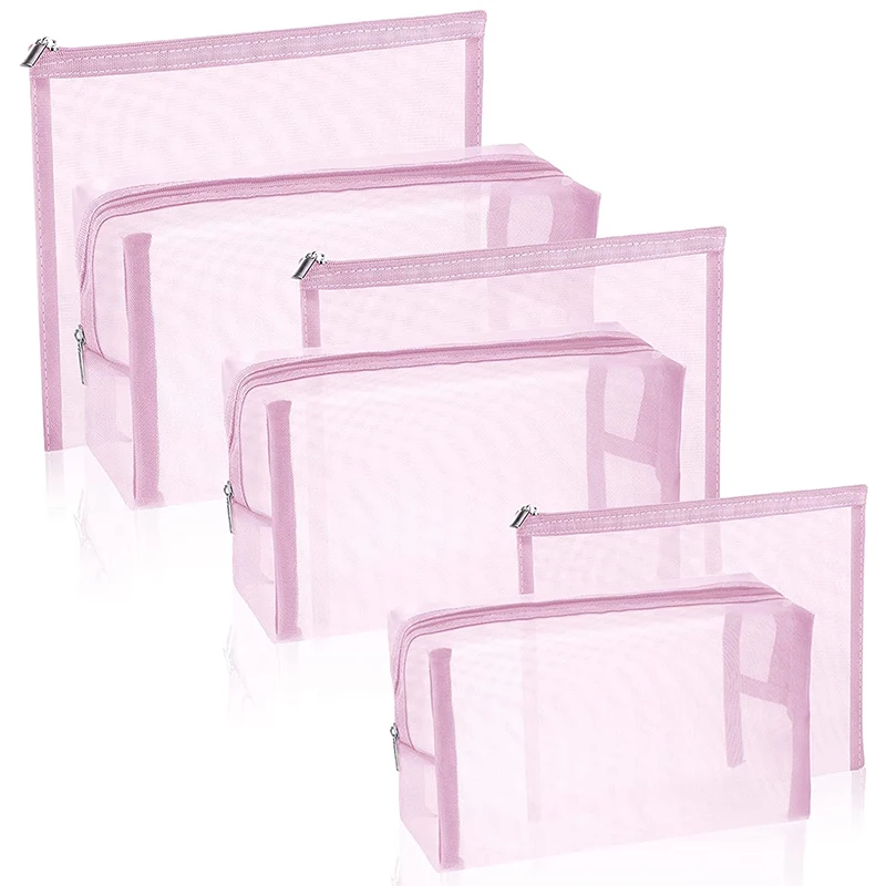 6 Pieces Set Portable Travel Makeup Toiletry Bag Zipper Pink Mesh Cosmetic Pouch